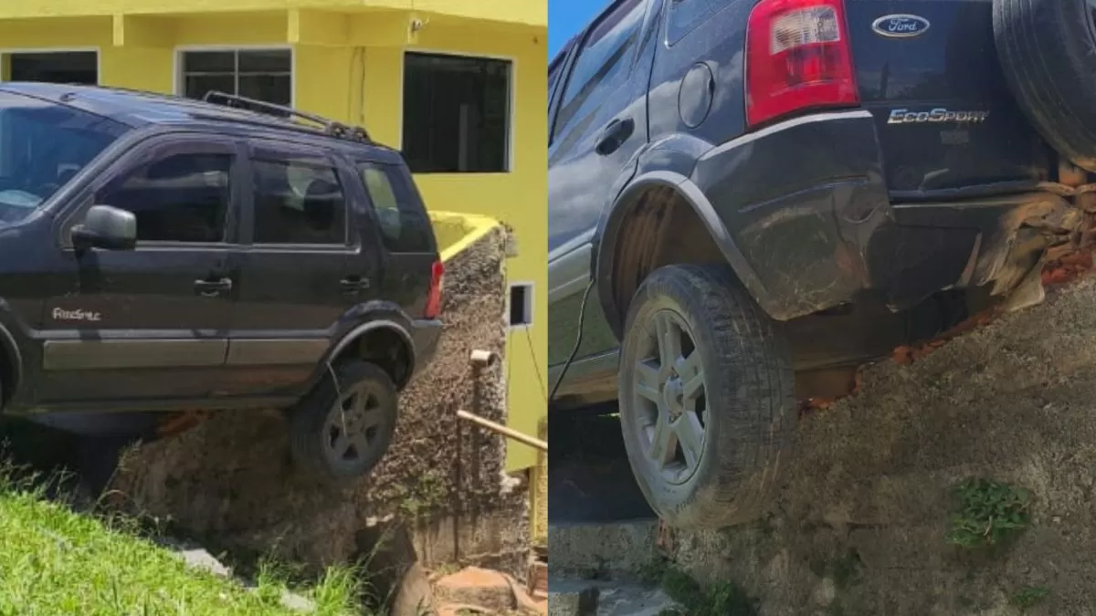 Carro fica pendurado após colisão e acidente causa lentidão na BR-470, em Indaial