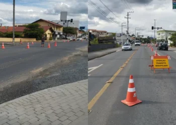 Demutran instala nova sinalização na rotatória entre as ruas Blumenau e Indaial, em Timbó
