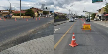 Demutran instala nova sinalização na rotatória entre as ruas Blumenau e Indaial, em Timbó