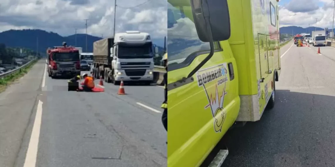 Mulher morre em grave acidente entre moto e caminhão na BR-470, em Indaial