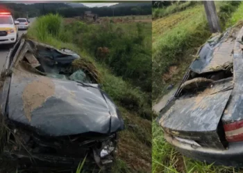 Motorista perde o controle, capota carro em córrego e morre na SC-110, em Timbó
