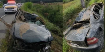 Motorista perde o controle, capota carro em córrego e morre na SC-110, em Timbó
