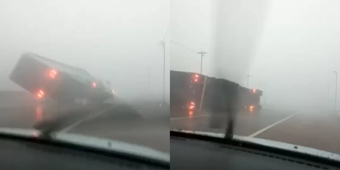 Caminhão tomba devido a fortes ventos durante temporal em Porto Alegre