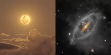 Lua dourada e galáxia da hélice nas Imagens Astronômicas da Semana