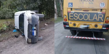 Acidente no bairro Progresso, em Blumenau, envolve ônibus escolar e Fiorino