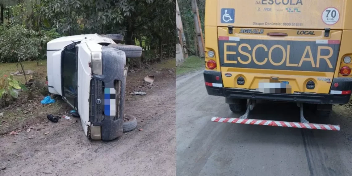 Acidente no bairro Progresso, em Blumenau, envolve ônibus escolar e Fiorino