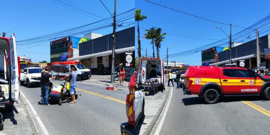 Batida frontal entre motos fecha rua no Centro de Gaspar e deixa dois homens feridos
