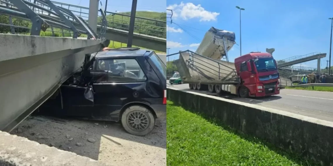 Passarela desaba após caçamba de caminhão subir durante trajeto e mata motorista esmagado