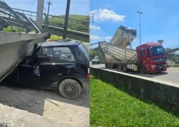 Passarela desaba após caçamba de caminhão subir durante trajeto e mata motorista esmagado