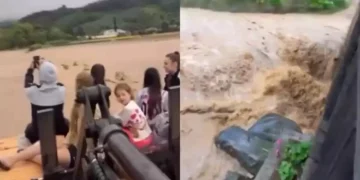 Pai utiliza empilhadeira para salvar filha recém-operada e mulher grávida em meio a alagamento em Ilhota