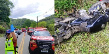 Motocicleta atinge poste e deixa dois feridos, em Gaspar; um estava inconsciente