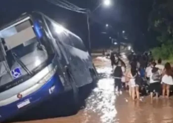 Ônibus de turismo sai da pista em Itajaí após motorista tentar evitar área alagada