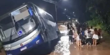 Ônibus de turismo sai da pista em Itajaí após motorista tentar evitar área alagada