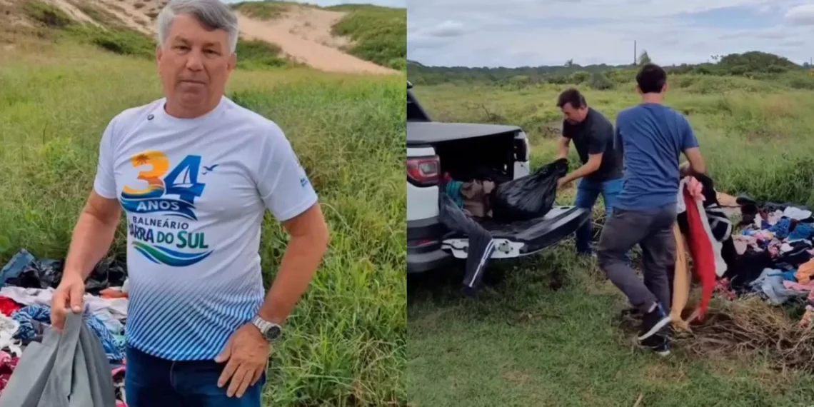 Prefeito denuncia descarte irregular de roupas em praia de SC e pede apoio da população