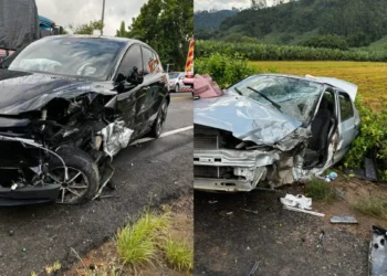 Motorista fica ferida após colisão entre Volvo EX30 e Corsa na SC-110, em Rodeio